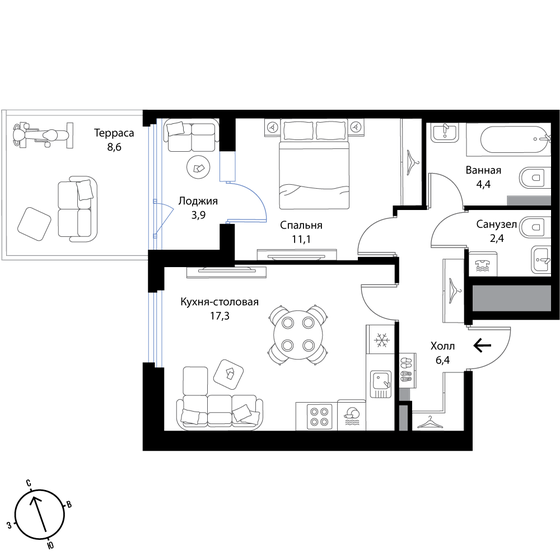 46,2 м², 2-комнатная квартира 7 854 000 ₽ - изображение 1