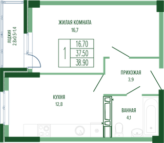 Квартира 38,9 м², 1-комнатная - изображение 1