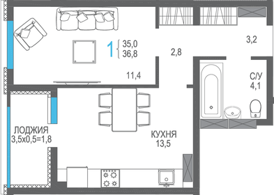 Квартира 36,8 м², 1-комнатная - изображение 1