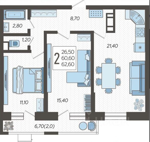 62,6 м², 2-комнатная квартира 8 290 000 ₽ - изображение 1