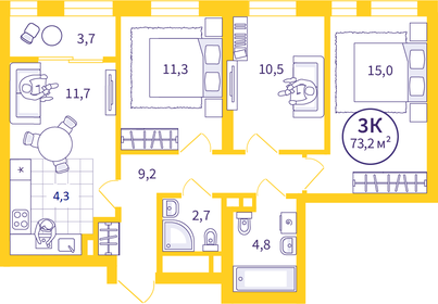 Квартира 71,3 м², 3-комнатная - изображение 1