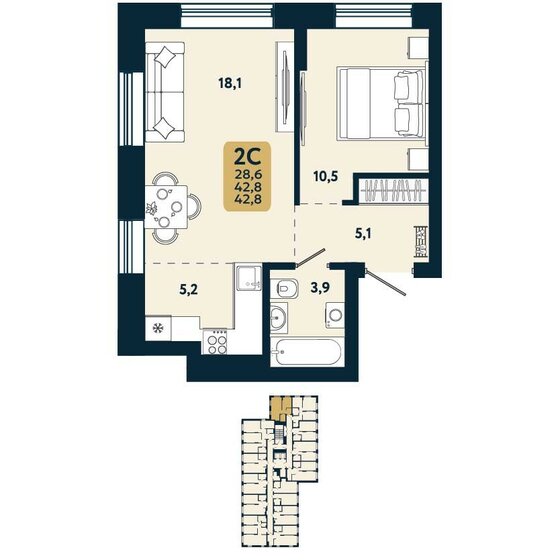 42,8 м², 2-комнатная квартира 6 409 300 ₽ - изображение 1