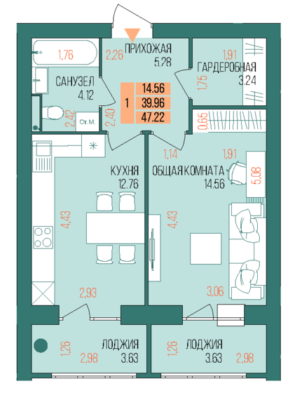 47,2 м², 1-комнатная квартира 5 388 060 ₽ - изображение 32