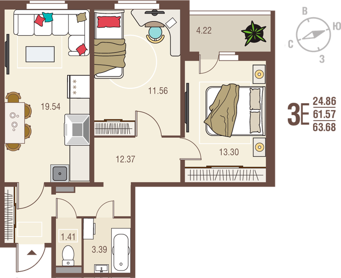 63,7 м², 2-комнатная квартира 5 731 200 ₽ - изображение 15