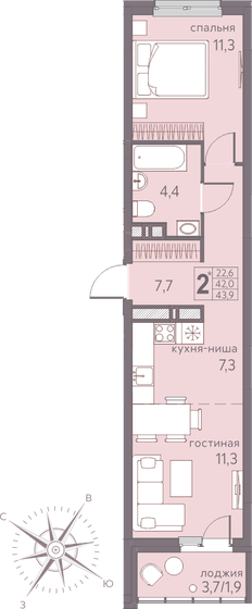 43,9 м², 2-комнатная квартира 6 102 100 ₽ - изображение 1