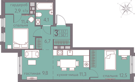 58,6 м², 3-комнатная квартира 7 911 000 ₽ - изображение 3