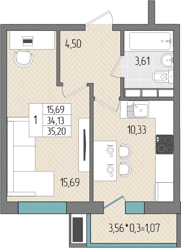 35,2 м², 1-комнатная квартира 4 294 402 ₽ - изображение 1