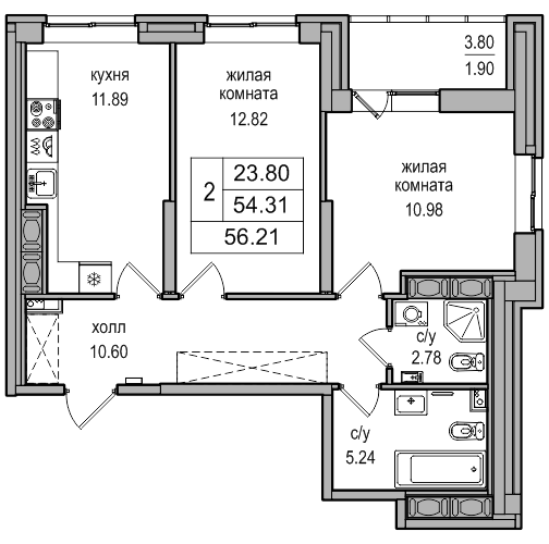 54,3 м², 2-комнатная квартира 10 736 110 ₽ - изображение 1