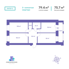 Квартира 79,4 м², 3-комнатная - изображение 2