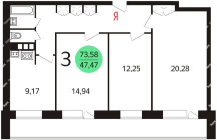 Квартира 73 м², 3-комнатная - изображение 1