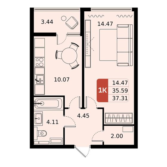37,3 м², 1-комнатная квартира 6 197 191 ₽ - изображение 46