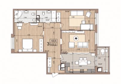 Квартира 103,2 м², 3-комнатная - изображение 1