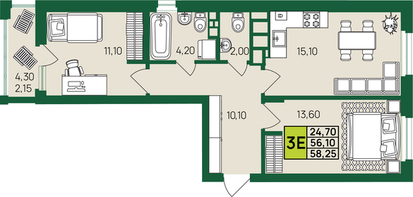 Квартира 58,3 м², 3-комнатная - изображение 1