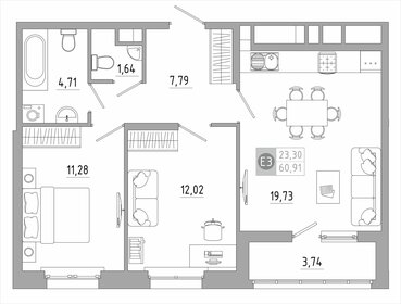 Квартира 60,9 м², 2-комнатная - изображение 1