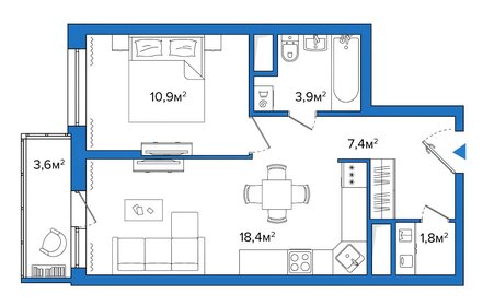 Квартира 46 м², 1-комнатная - изображение 1