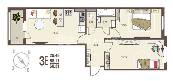 Квартира 60,3 м², 2-комнатная - изображение 1