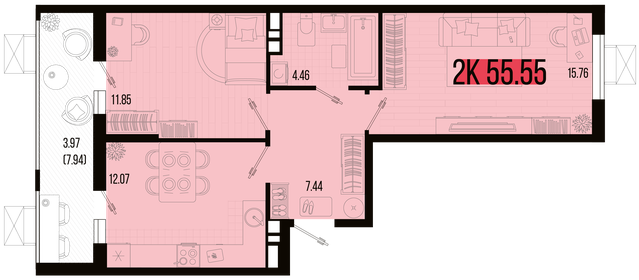 Квартира 55,6 м², 2-комнатная - изображение 1