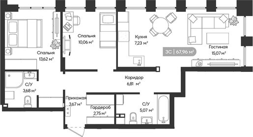 Квартира 68 м², 3-комнатная - изображение 1