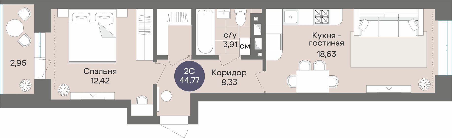 44,8 м², 2-комнатная квартира 8 550 000 ₽ - изображение 1