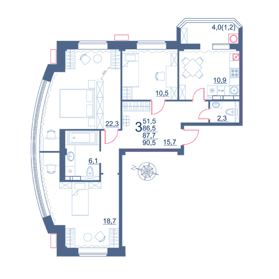 90,5 м², 3-комнатная квартира 11 300 000 ₽ - изображение 1