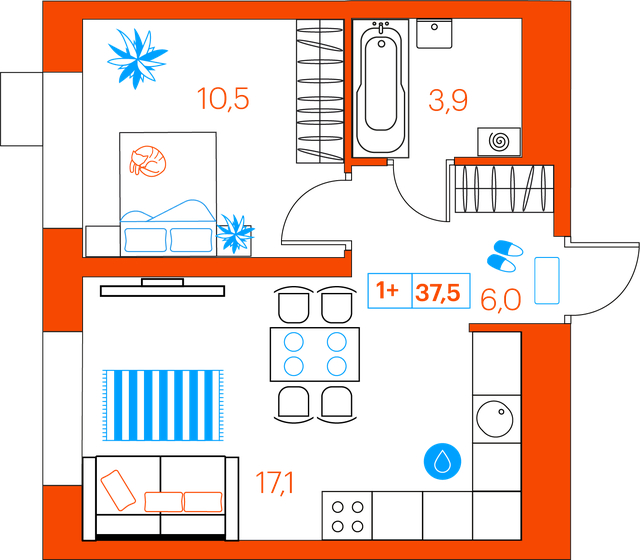 37,5 м², 1-комнатная квартира 5 090 000 ₽ - изображение 1