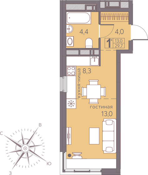 29,7 м², квартира-студия 4 737 150 ₽ - изображение 1