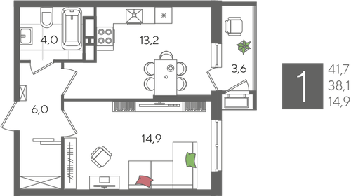 Квартира 41,7 м², 1-комнатная - изображение 2