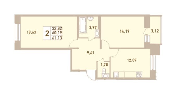 61,1 м², 2-комнатная квартира 5 895 025 ₽ - изображение 1