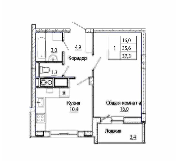 37,3 м², 1-комнатная квартира 4 300 000 ₽ - изображение 1