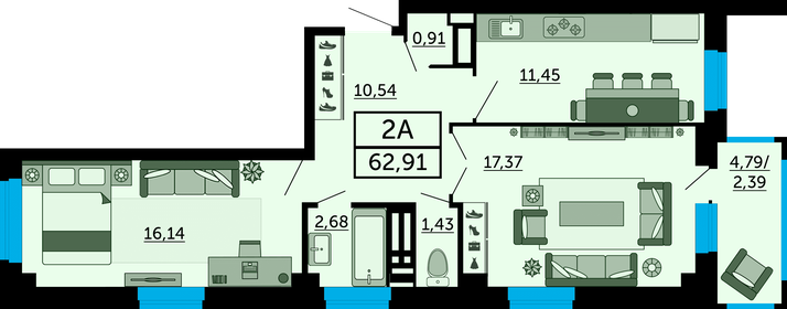 62,9 м², 2-комнатная квартира 11 260 890 ₽ - изображение 25