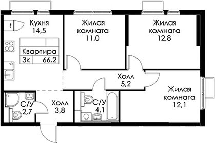 Квартира 66,2 м², 3-комнатная - изображение 1