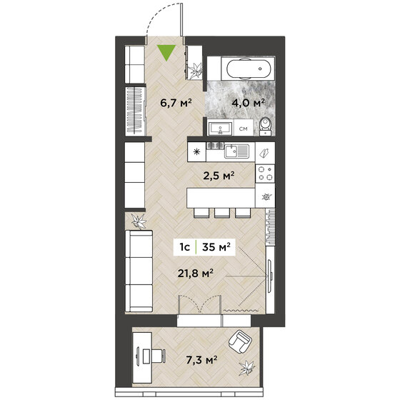 39,5 м², 1-комнатная квартира 8 128 250 ₽ - изображение 1