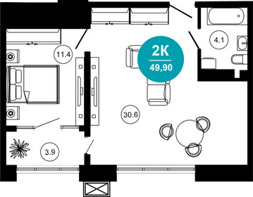 Квартира 49,9 м², 2-комнатные - изображение 1