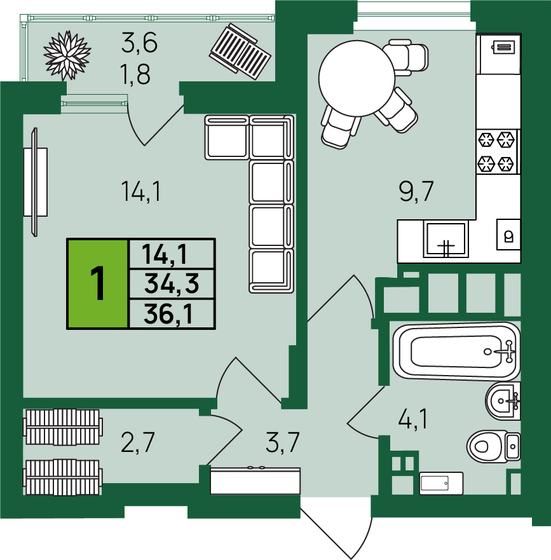 36,1 м², 1-комнатная квартира 4 228 794 ₽ - изображение 1