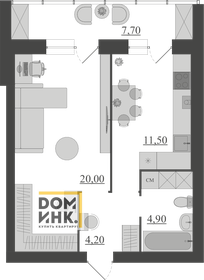 Квартира 48,3 м², 1-комнатная - изображение 1