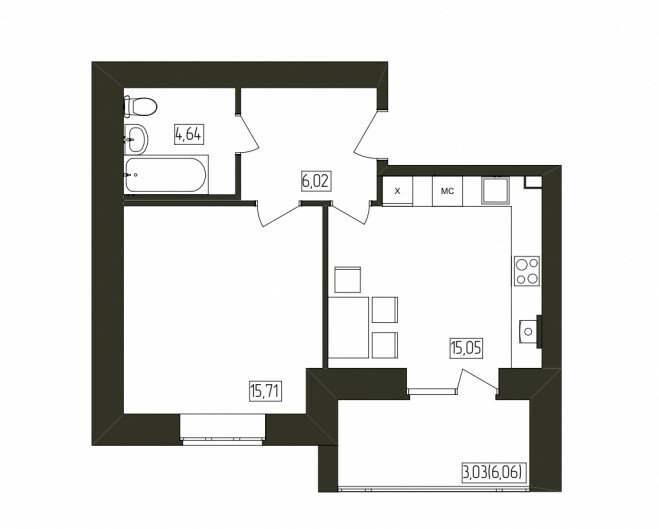44,5 м², 1-комнатная квартира 3 733 800 ₽ - изображение 1
