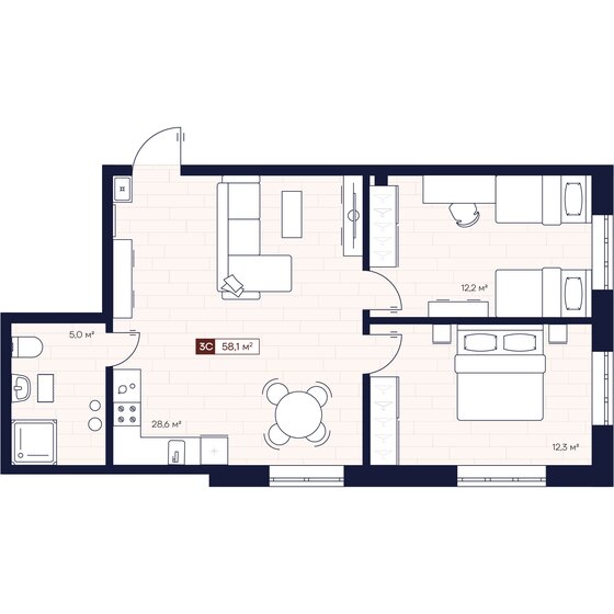 58,1 м², 3-комнатные апартаменты 8 300 000 ₽ - изображение 1