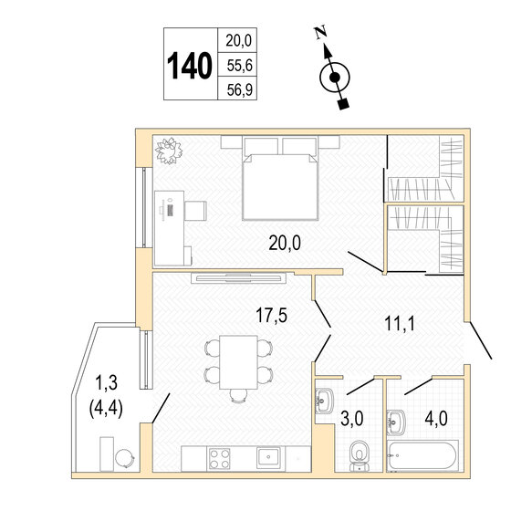 57,3 м², 1-комнатная квартира 15 761 300 ₽ - изображение 1