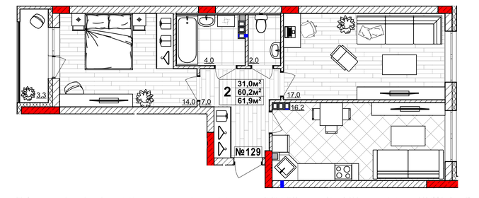 Квартира 61,9 м², 2-комнатная - изображение 1