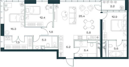 Квартира 107,7 м², 3-комнатная - изображение 1