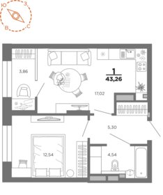 Квартира 43,3 м², 1-комнатная - изображение 1