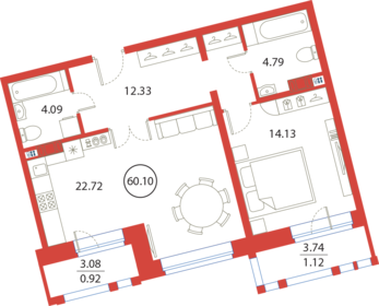 Квартира 60,1 м², 1-комнатная - изображение 1