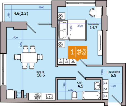 47 м², 2-комнатная квартира 5 499 000 ₽ - изображение 1