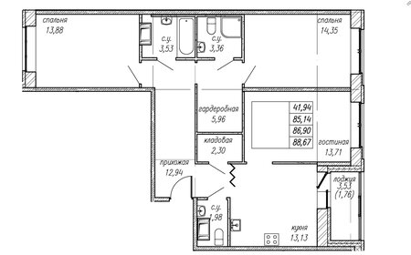 Квартира 86,9 м², 3-комнатная - изображение 1