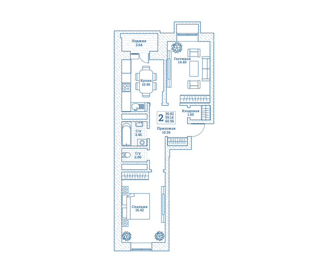 61 м², 2-комнатная квартира 6 705 600 ₽ - изображение 1