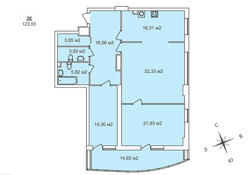 123,6 м², 3-комнатная квартира 22 733 200 ₽ - изображение 1