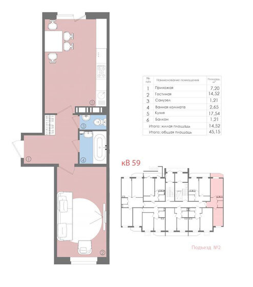 45,2 м², 1-комнатная квартира 5 629 600 ₽ - изображение 1
