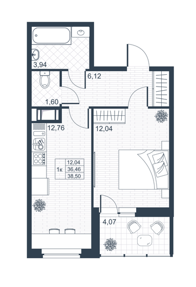 38,5 м², 1-комнатная квартира 5 351 500 ₽ - изображение 1