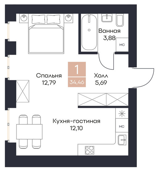 34,5 м², квартира-студия 4 824 400 ₽ - изображение 1