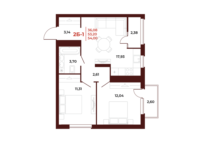 54 м², 2-комнатная квартира 6 156 000 ₽ - изображение 1